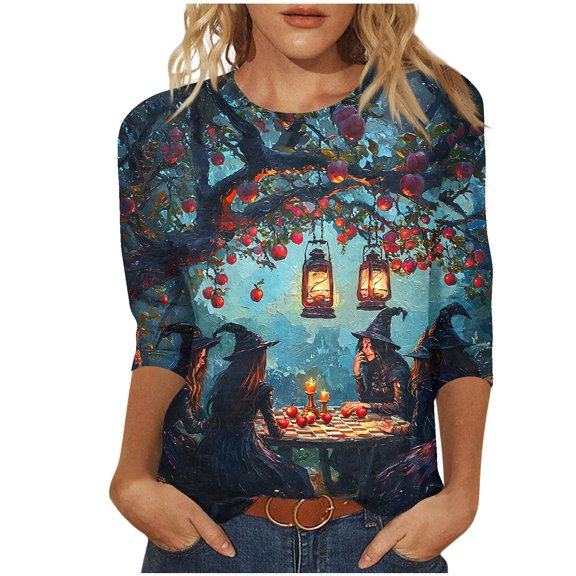 Yangnuo Womens Graphic Casual Halloween Blouses Women's Printed Blouses 3/4 Sleeve Round Neck Pullover Fashionable Top