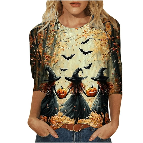 Yangnuo Womens Graphic Casual Halloween Blouses Women's Printed Blouses 3/4 Sleeve Round Neck Pullover Fashionable Top