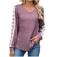 thumbnail image 1 of Yangnuo Womens Loose Fall Winter Blouses Women's Casual Solid Color V-neck Loose Long Sleeve Lace Contrast T-shirt Top, 1 of 5