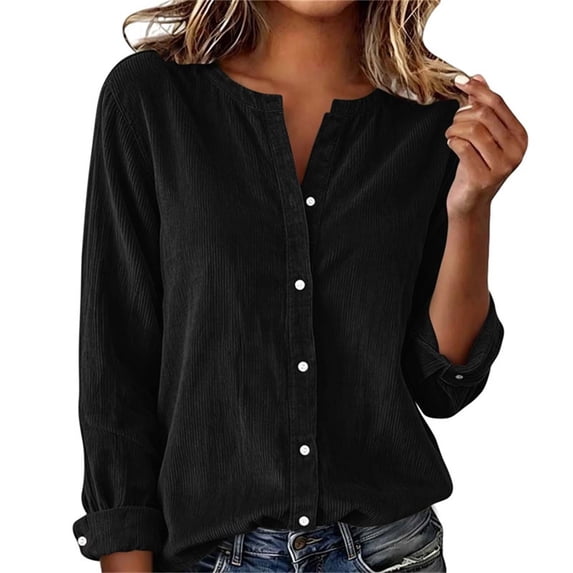 Yangnuo Womens Notched V Neck Button Down Shirt Roll Tab Long Sleeve Loose Fit Lightweight Casual Blouse