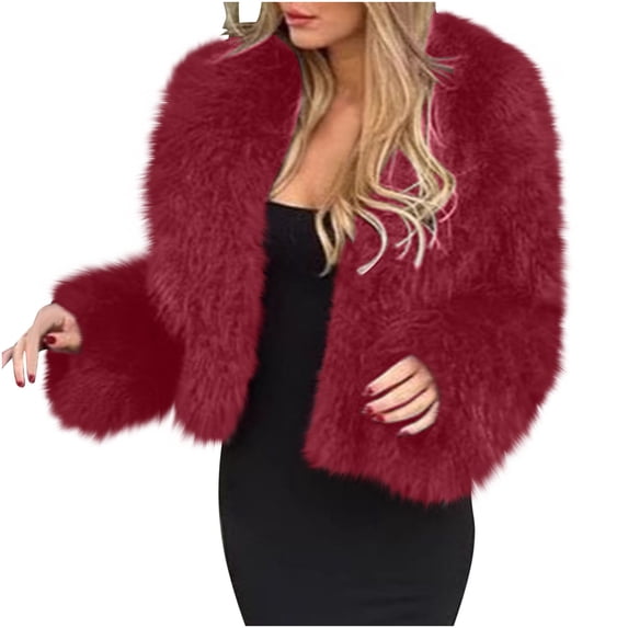 Yangnuo Womens Open Front Faux Fur Coat Solid Color Cropped Long Sleeve Warm Winter Party Casual Outerwear
