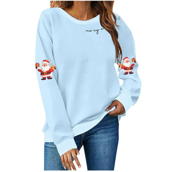 Yangnuo Womens Printed Chirstmas Cute Sweatshirts Trendy Christmas Women's Fashion Long Sleeve Round Neck T-Shirt Printing Loose Blouse Hoodless Sweatshirts Top