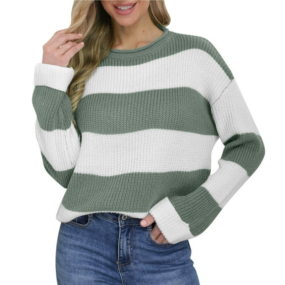 Yangnuo Womens Striped Crew Neck Sweaters Women's Fashion Comfortable Color Block Long Length Round Neck Sweater Top