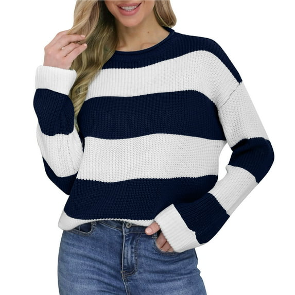 Yangnuo Womens Striped Crew Neck Sweaters Women's Fashion Comfortable Color Block Long Length Round Neck Sweater Top