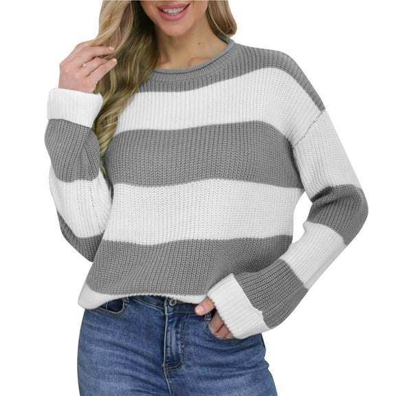 Yangnuo Womens Striped Crew Neck Sweaters Women's Fashion Comfortable Color Block Long Length Round Neck Sweater Top