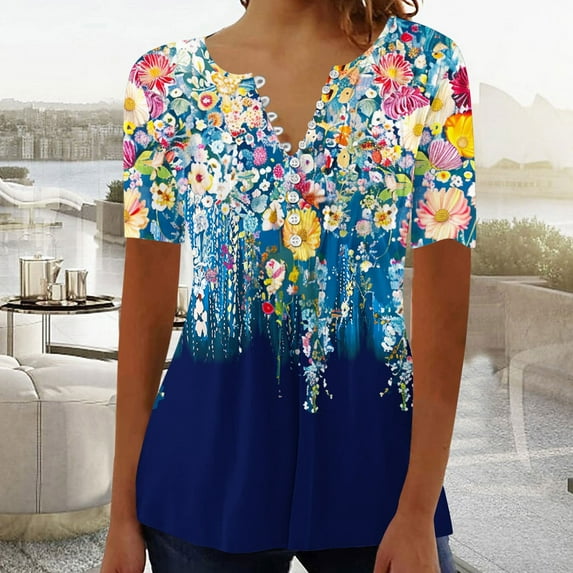 Yangnuo Womens Tops Summer Pleated Button V Neck Short Sleeves T-Shirt A-Line Floral Tunic Top for Unique Printed Pattern