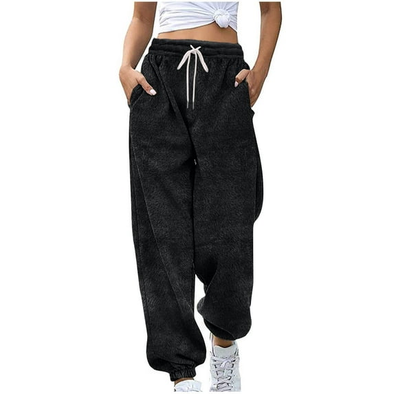 Yangnuo Womens Travel Pants Womens Elastic Trendy Pants Women's Casual Solid Color Fleece Drawstring Elastic Waist Sweatpants Cuffed Ankles Side Pockets