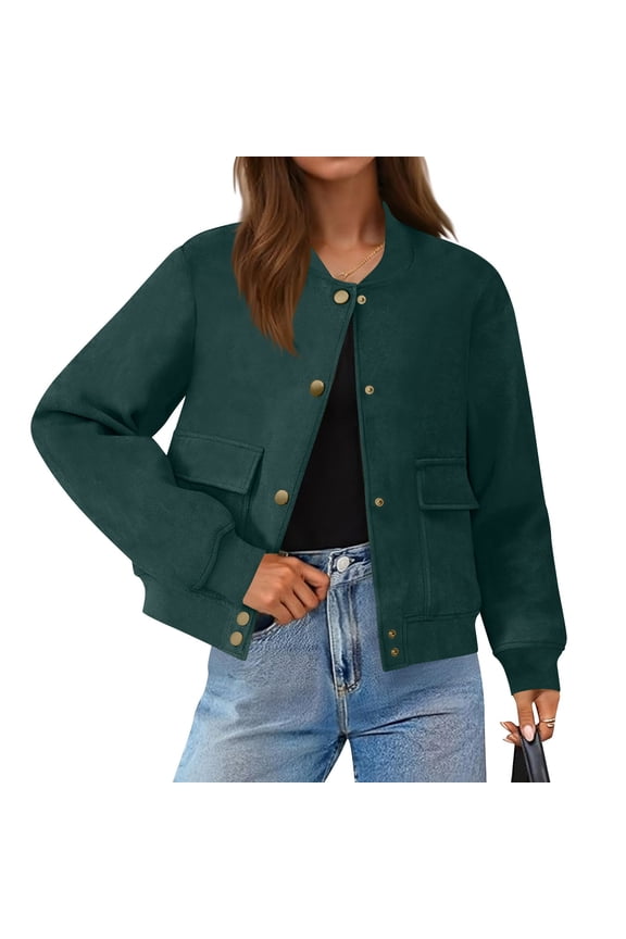 Womens Trendy Buttoned Comfy Cargo Truck Jackets with Pockets 2025 Women's Solid Color Fashion Jacket Leather Coat Deerskin Velvet Temperament Neck Short Coat