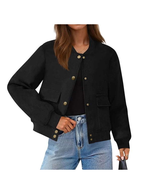 Womens Trendy Buttoned Comfy Cargo Truck Jackets with Pockets 2025 Women's Solid Color Fashion Jacket Leather Coat Deerskin Velvet Temperament Neck Short Coat