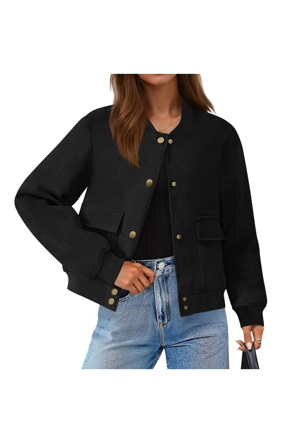 Womens Trendy Buttoned Comfy Cargo Truck Jackets with Pockets 2025 Women's Solid Color Fashion Jacket Leather Coat Deerskin Velvet Temperament Neck Short Coat