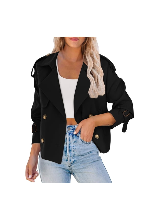 Womens Trendy Casual Buttoned Jackets Women Solid Crop Double Breasted Trench Coat Raglan Sleeve Casual Loose Long-sleeve Short Jacket Outerwear Work Office Cropped Jacket With Pockets