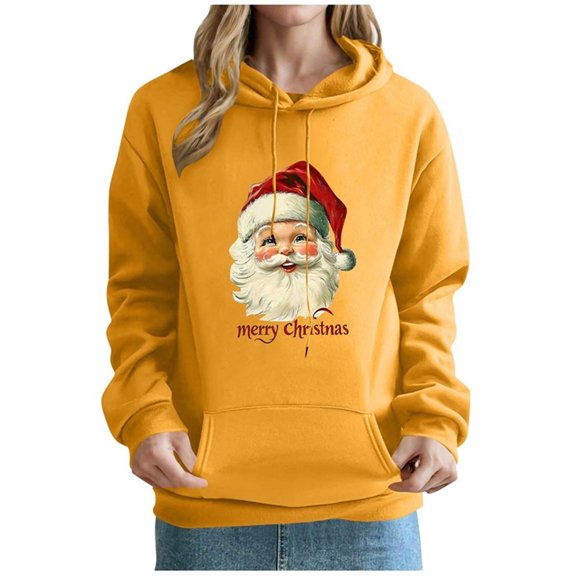 Yangnuo Womens Trendy Casual Christmas Printed Comfy Cute Hoodies 2025 Women's Christmas Printed Off Shoulder Sleeves Pocket Long Sleeved Top Hooded Sweatshirt
