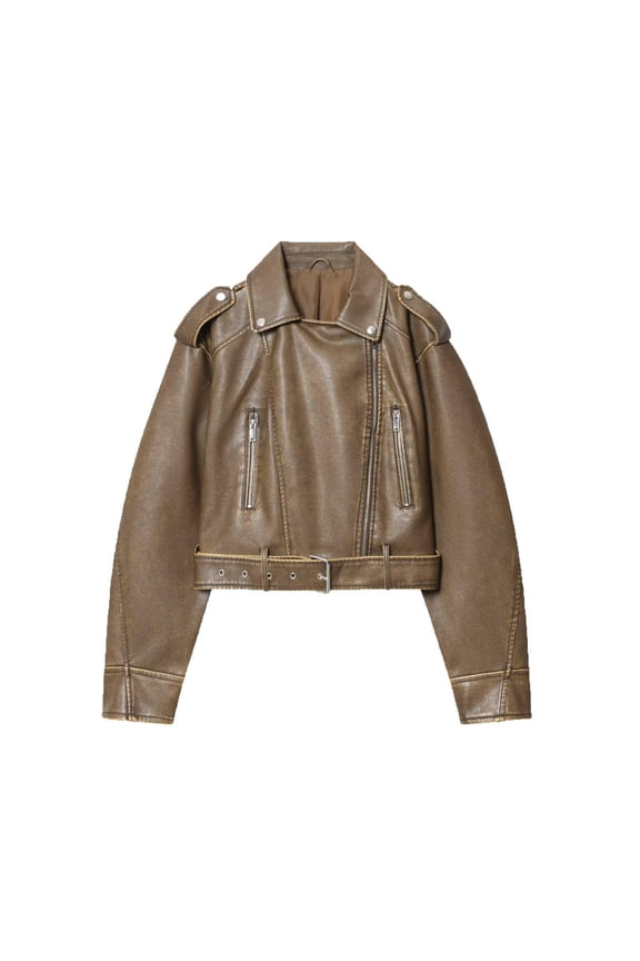 Womens Trendy Casual Clearance Leather Jackets 2025 Women's Fashion Zipper Pocket Belt Washed Leather Short Jacket Coat