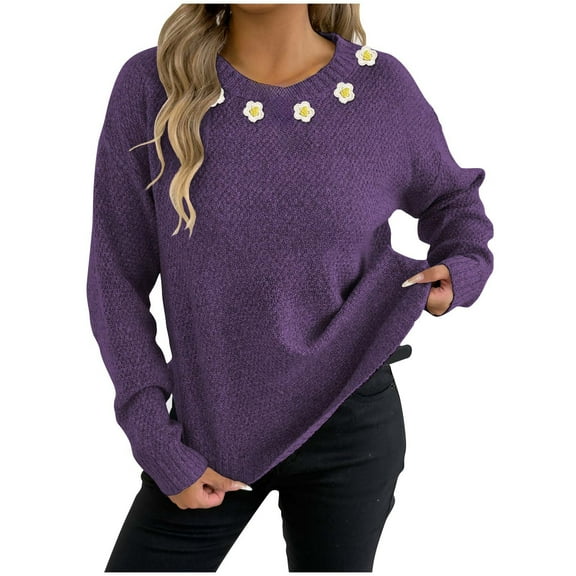 Yangnuo Womens Trendy Casual Comfy Cozy Sweaters 2025 Women's Casual Solid Color Printing Round Neck Fashion Long Sleeved Pullover Sweater Top
