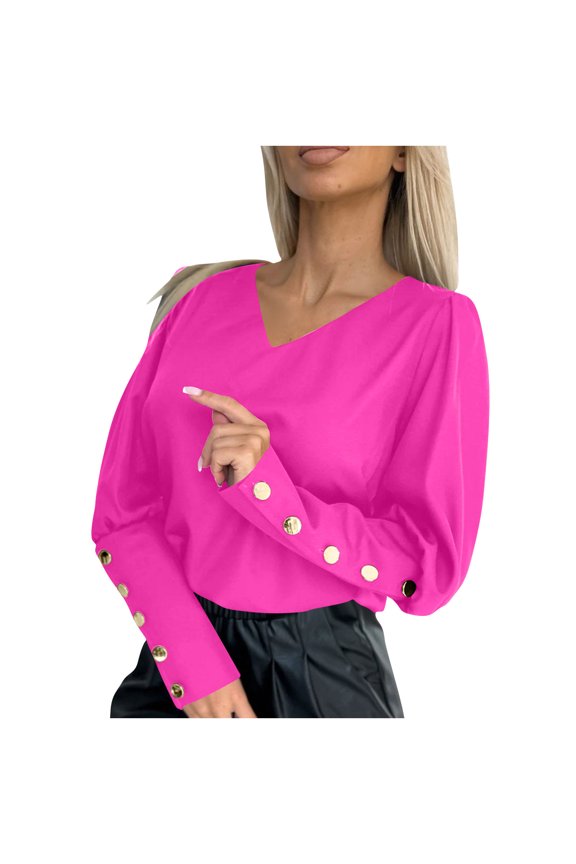 Womens Trendy Casual Comfy Sweatshirts Fall Winter Blouses for Women Ladies' Casual Long Sleeved Solid Color V-neck Button Up Top/shirt