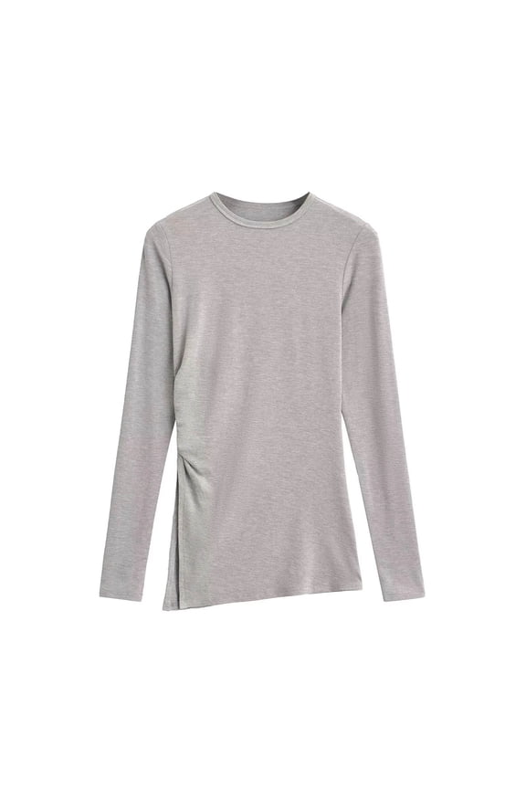 Womens Trendy Casual Comfy Tight Blouses Ladies' Colored Side Slit Long-sleeved Round-neck Undershirt Top