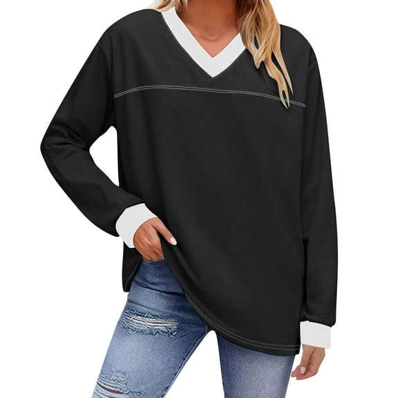 Yangnuo Womens Trendy Casual Comfy V-Neck Tops Blouses Fashion Womens Color Matching Long SleeveTops Casual V Neck T Shirts Blouses