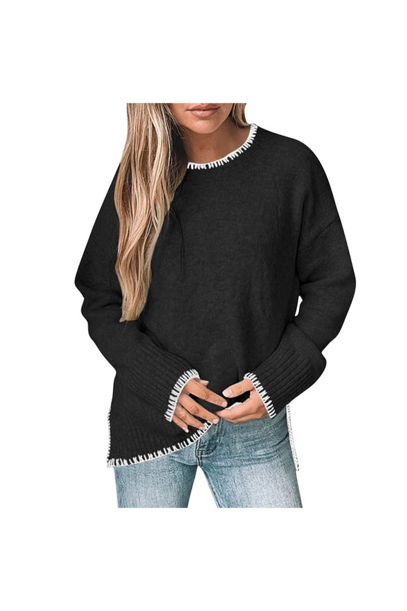 Womens Trendy Casual Cozy Comfy Sweaters for Fall Winter Women's Long Sleeved Round Neck Knitted Sweater Pullover Sweater