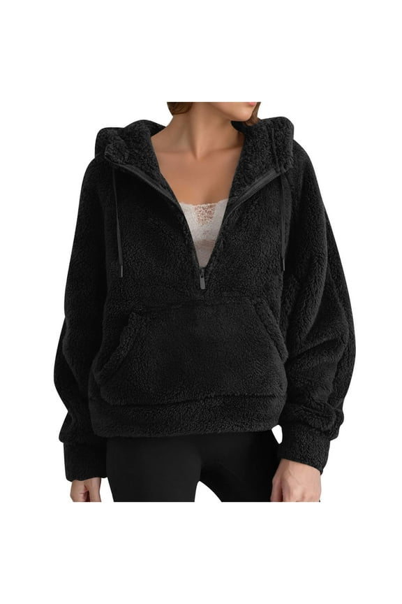 Womens Trendy Casual Half Zipper Hoodies Women's Solid Fashion Double-sided Velvet Long Sleeved Shoulder Fleece Hoodie Half Zip Pocket Activewear Top