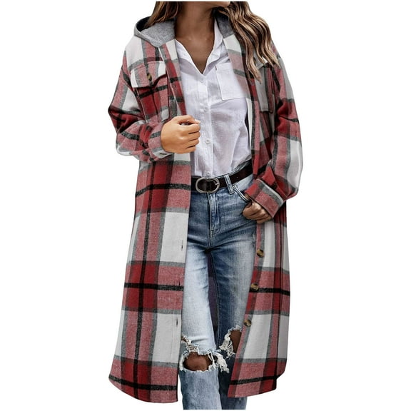 Yangnuo Womens Trendy Casual Plaid Warm Coat Jackets 2025 Fall Winter Fashion Women's Button V-Neck Plaid Tops Long Sleeve Hooded Blouse Coat