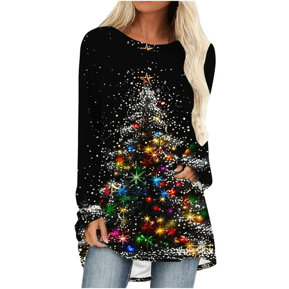 Yangnuo Womens Trendy Christmas Printed Blouse Tee TShirts 2025 Women Casual Long Sleeve Round Neck Pullover Loose Blouse Ethnic Style Printed ShirtsTops