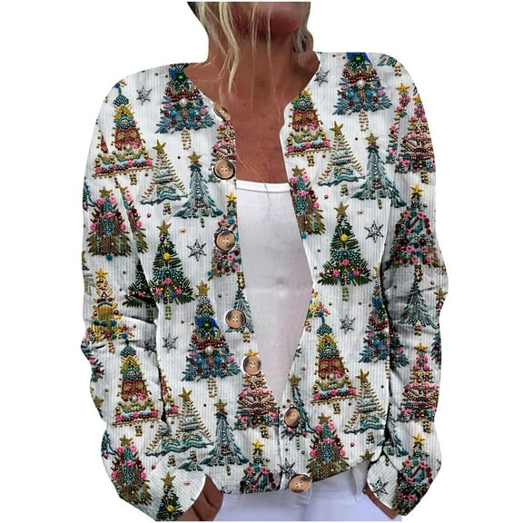 Yangnuo Womens Trendy Christmas Printed Buttoned Cardigan Jackets 2025 Fall Winter Women's Merry Christmas Cardigan Long Sleeve Hollowed Out Print Casual Jacket