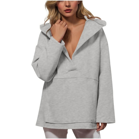 Yangnuo Womens Trendy Deep V-Neck Sweatshirts Fall Winter Casual Women's Fashion Solid Color Pockets Hooded V-Neck Long Sleeve Top Sweater Blouse