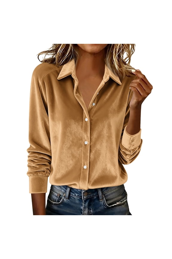 Womens Trendy Fashion Gold Velvet Lapel Buttoned Shirts Blouses Tops Women's Solid Color Elegant Metallic Velvet Long Sleeve Top