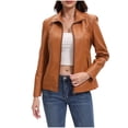 thumbnail image 1 of Yangnuo Womens Trendy Fashion Lether Jackets 2025 Women's Solid Color Zipper Pocket Long Sleeved Turndown Collar Zipper Hoodless Faux Leather Outwear, 1 of 5