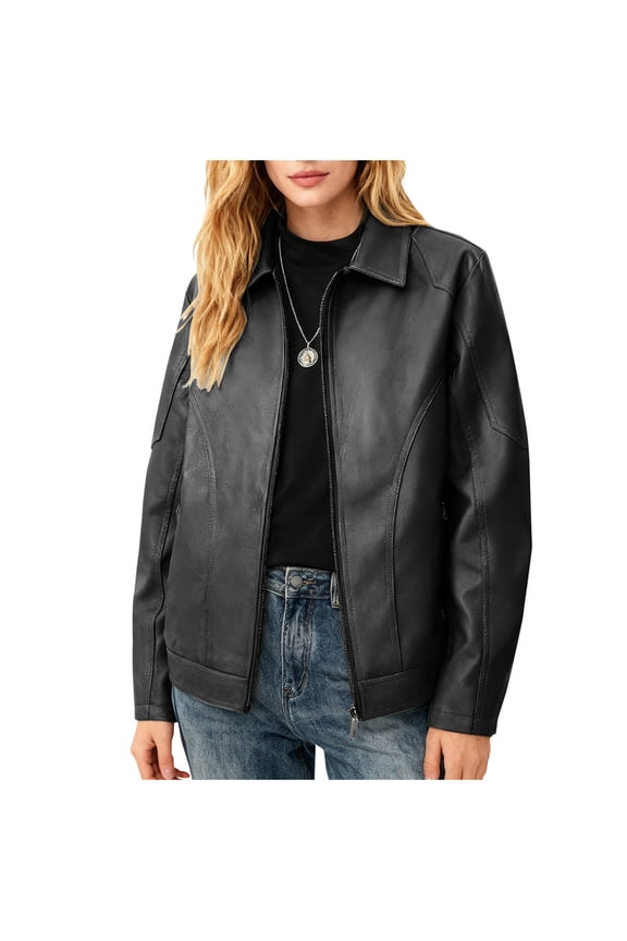 Womens Trendy Lapel Zip Up Leather Jackets 2026 Women's Solid Color Pocket Long Sleeved Zippered Hoodless Turndown Collar Faux Leather Outwear