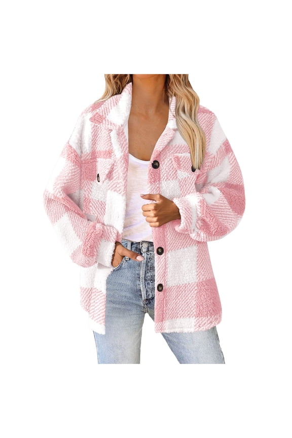 Womens Trendy Plaid Fleece Warm Jackets 2025 Winter Women's Fall And Winter Straight Cardigan Button Pocket Coat