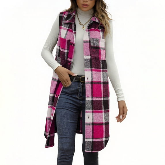 Yangnuo Womens Trendy Plaid Lapel Buttoned Coat Jackets 2025 Fall Winter Fashion Women's Sleeveless Turn Down Collar Top Blouse Ladies Lapel Button Pocket Shirt Top