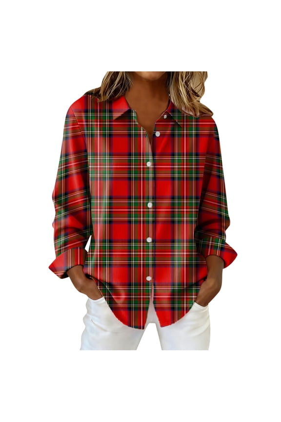 Womens Trendy Plaid Printed Buttoned Shirts Blouses Tops 2025 Fashion Women Solid Causal Button Blouse Long Sleeve T-Shirt Summer Top Blouses