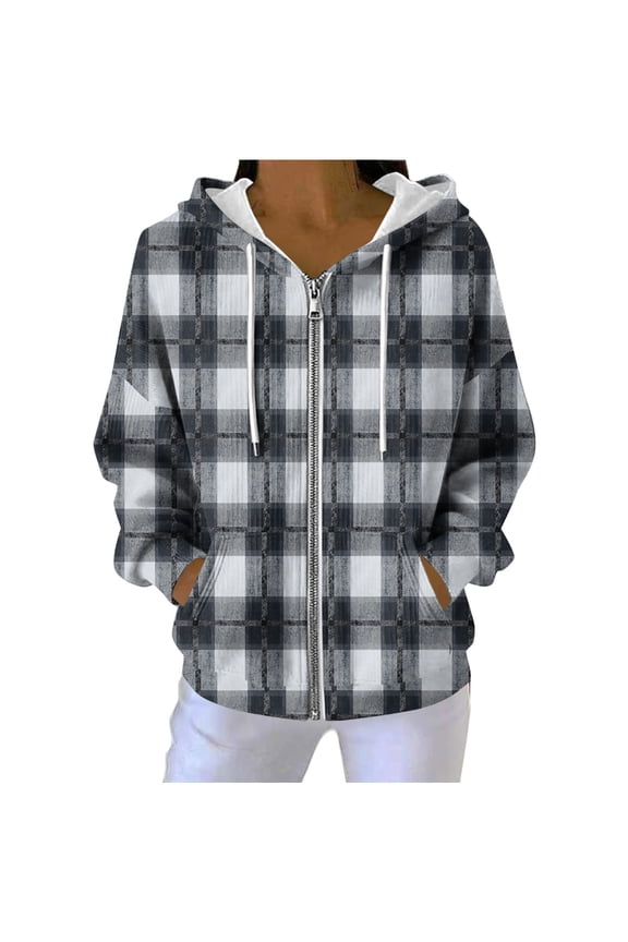 Womens Trendy Plaid Printed Comfy Hooded Jackets 2025 Women's Fashion Casual Printing Long Sleeve Pocket Hooded Pit Strip Zippered Pocket Sweatshirt Hoodie Coat