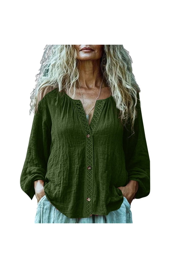 Womens Trendy Ruched Linen Comfy Loose Blouses Tops Women's Fashion Spring/Summe Linen Solid Color V-neck Button Open Shirt Long Sleeve Lock Shirt/Top