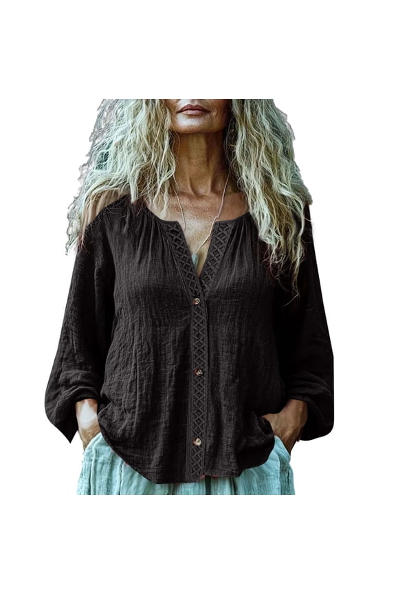 Womens Trendy Ruched Linen Comfy Loose Blouses Tops Women's Fashion Spring/Summe Linen Solid Color V-neck Button Open Shirt Long Sleeve Lock Shirt/Top