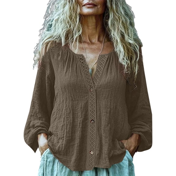 Yangnuo Womens Trendy Ruched Linen Comfy Loose Blouses Tops Women's Fashion Spring/Summe Linen Solid Color V-neck Button Open Shirt Long Sleeve Lock Shirt/Top