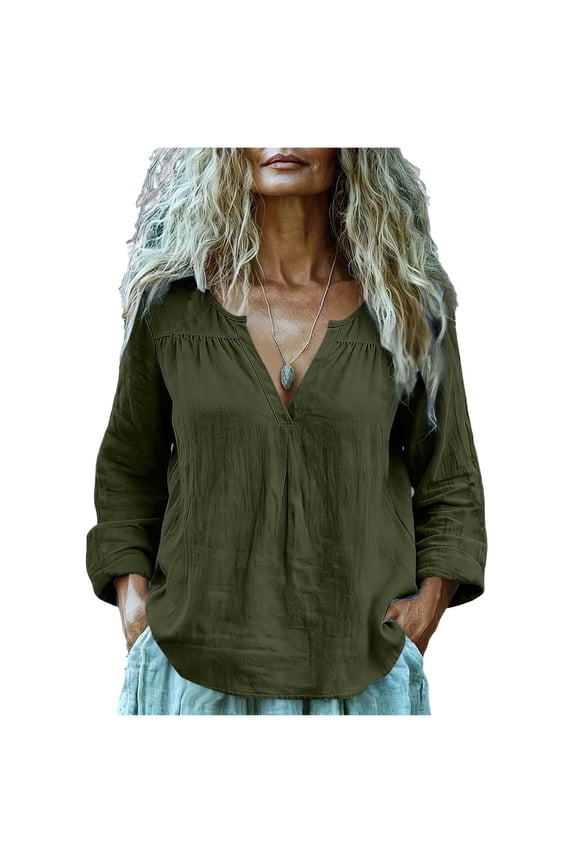 Womens Trendy Ruched Linen Comfy Loose Blouses Tops Women's Fashion For Spring And Summer Imitating Linen Linen Washed With Water Wrinkled Solid Color V-neck Pleated Long Sleeved Shirt/top