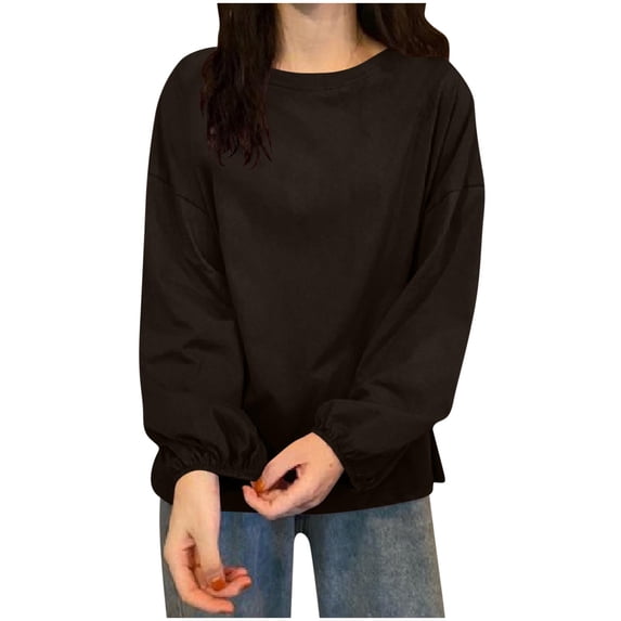 Yangnuo Womens Trendy Solid Color Comfy Sweatshirts Blouses for Women Women‘s Casual And Fashionable Loose Round Neck Solid Color Pullover Long Sleeved Shirt Top