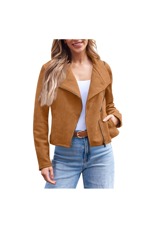 Womens Trendy Solid Color Jackets for Fall Ladies' Fashionable Colored Zippered Pocket Top Suede Jacket