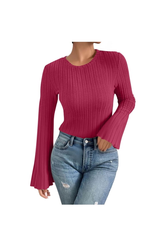 Womens Trendy Solid Color Slim Fit Flared Sleeve Blouses Tops 2025 Women's Fashion Printed Loose T-shirt Long Sleeves Blouse Round Neck Casual Tops