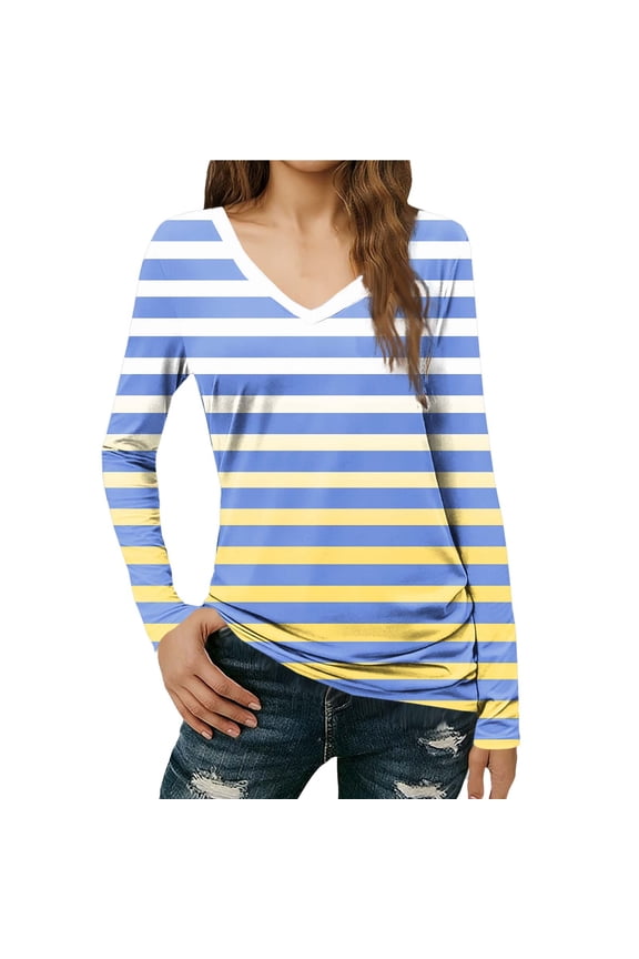 Womens Trendy Striped V-neck Loose Comfy Blouses Tops Women's Casual and Fashionable Slim V-neck Long Sleeved Striped Regular Long Sleeved Top