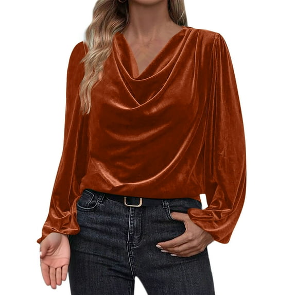 Yangnuo Womens Trendy Velvet Loose Comfy Blouses 2026 Women's Solid Color Pleated Stretch Cuffs Long Sleeved V-Neck Pullover Fashionable Top