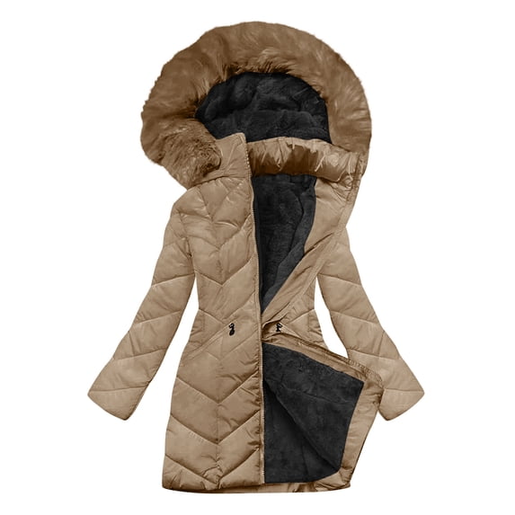 Yangnuo Womens Trendy Warm Comfy Faux Furry Hooded Puffer Jackets 2025 Women's Solid Color Long-sleeved Hooded Fashion-padded Jacket