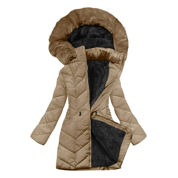 Yangnuo Womens Trendy Warm Comfy Faux Furry Hooded Puffer Jackets 2025 Women's Solid Color Long-sleeved Hooded Fashion-padded Jacket