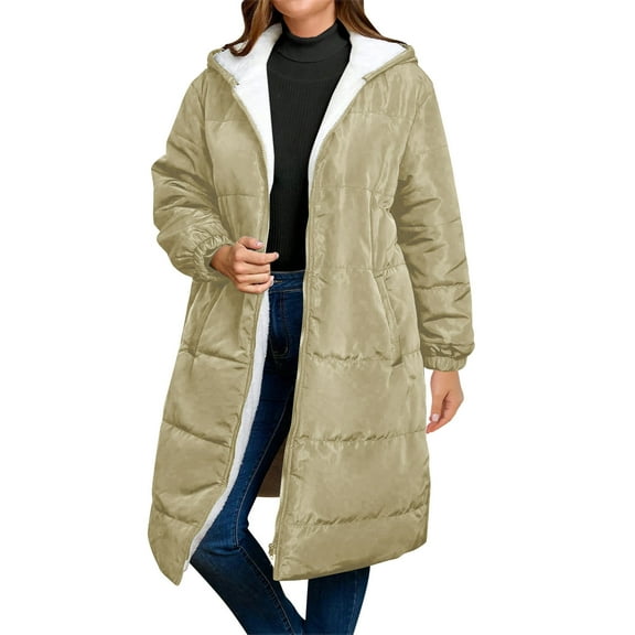 Yangnuo Womens Trendy Warm Fleece Lined Long Hooded Comfy Puffer Jackets 2025 Fall Winter Women's Solid Color Long-sleeved Hooded Fashion Padded Jacket