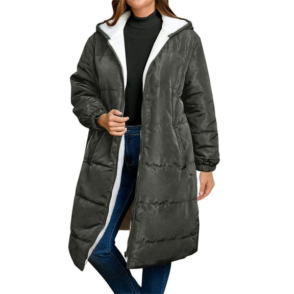 Yangnuo Womens Trendy Warm Fleece Lined Long Hooded Comfy Puffer Jackets 2025 Fall Winter Women's Solid Color Long-sleeved Hooded Fashion Padded Jacket