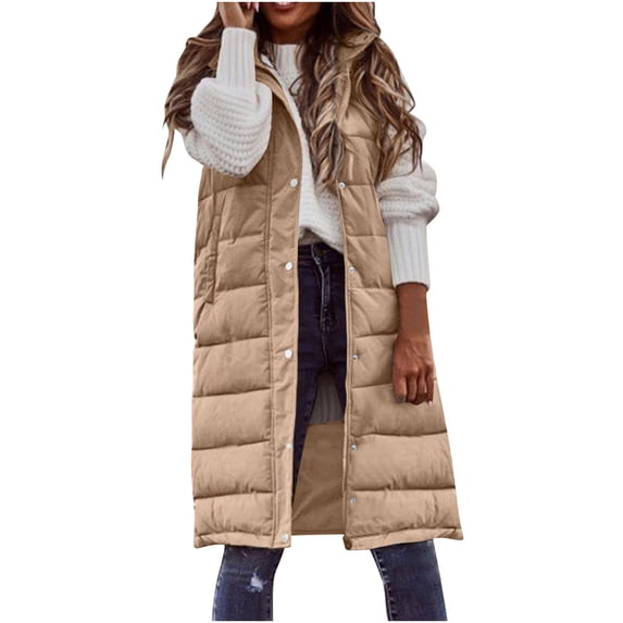 Yangnuo Womens Trendy Warm Long-Length Hooded Puffer Jackets 2025 Fall Winter Women's Solid Color Hooded-Breasted Mid-length Padded Sleeveless Pocket Hooded Jaket Coats