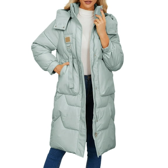Yangnuo Womens Trendy Warm Long-Length Lapel Puffer Jackets Parka Jackets 2025 Women's Solid Color Long Sleeve Zippered Hooded Stand-Up Collar Padded Parka Jacket