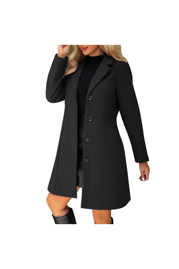 Womens Trendy Warm Thick Wool Lapel Buttoned Coat Jackets 2026 Women's Solid Casual Thicken Wool Stand Collar Inner Lining Pocket Breasted Pea Mao Coat